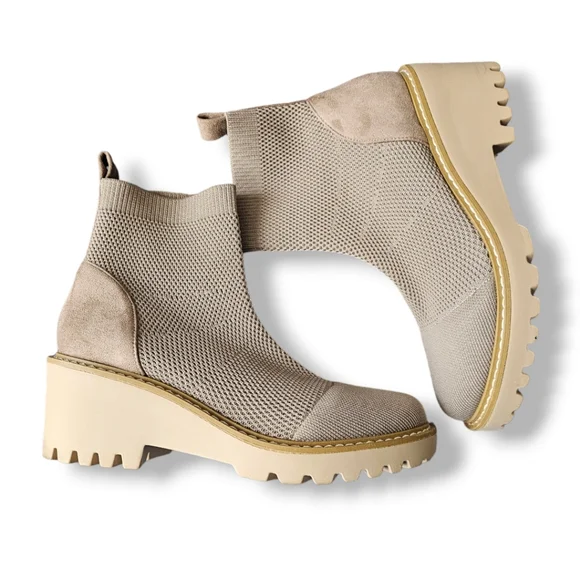 Nicole Miller Taupe-Beige Ankle Wedge Knit Sock Boots - Picture 6 of 7